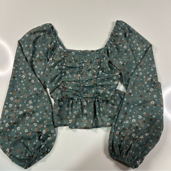 Pink Lily Blouse Shirt Top Women’s Junior Small Green Floral Smocked Boho Fairy - Picture 3 of 11